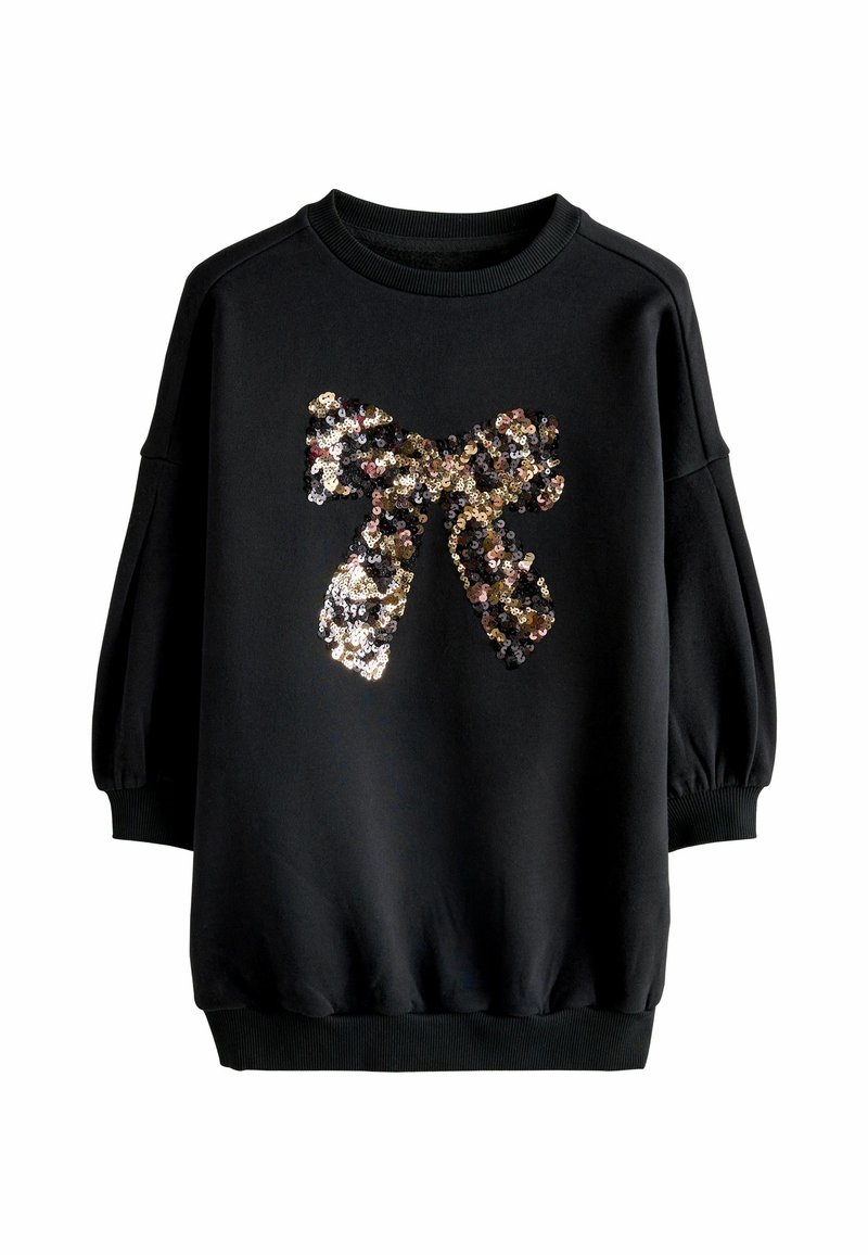 Schwarzes Langarm-Sweatshirt mit geripptem Kragen und Bündchen, das ein großes glänzendes Paillettenschleifen-Design auf der Vorderseite zeigt.