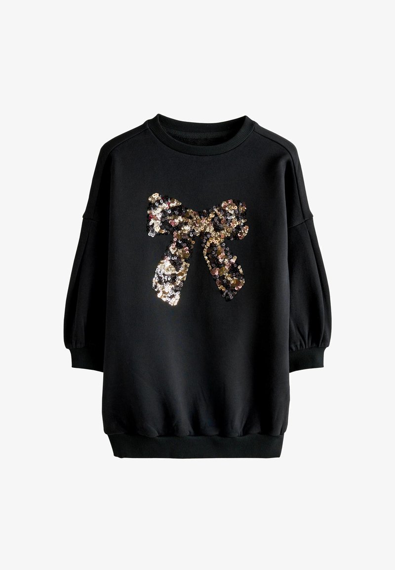 Felpa nera a maniche lunghe con colletto e polsini a costine, caratterizzata da un grande design a fiocco di paillettes lucenti sul davanti.