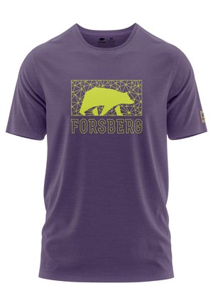 Paarse T-shirt met korte mouwen, gemaakt van zacht materiaal, met een geometrisch berenontwerp in het geel en de tekst "FORSBERG" in vet.