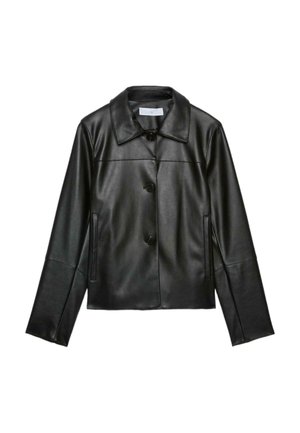 Black faux leather jacket with wide collar, three front buttons, long sleeves, and slit pockets on each side.