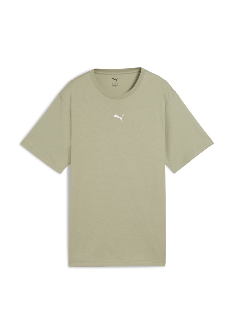 T-shirt a maniche corte in cotone verde oliva chiaro, con un logo Puma bianco sul petto e un design classico a girocollo.