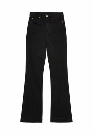 Czarne dżinsy z rozszerzanym nogawką, z zamkiem błyskawicznym i zapięciem na guzik, z dwoma przednimi kieszeniami i kontrastującymi przeszyciami.