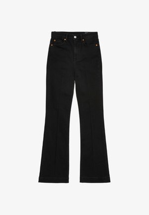 Zwarte flared jeans van denim, met een ritssluiting en knoopsluiting, voorzien van twee voorzakken en contrasterende stikdetails.