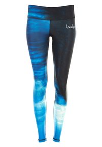 Hoog-getailleerde leggings met een blauw en zwart gradient ontwerp, gemaakt van rekbare stof, met een logo op de tailleband en effen zoomaccenten.