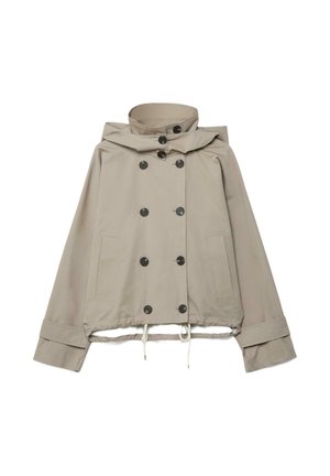 Beżowa dwurzędowa kurtka z czarnymi guzikami, wysokim kołnierzem, przednimi kieszeniami, długimi rękawami i regulowanym ściągaczem u dołu.