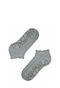 Calze alla caviglia grigie con un motivo di foglie marroni. Texture a maglia con bordi smerlati. Adatte per un look casual.