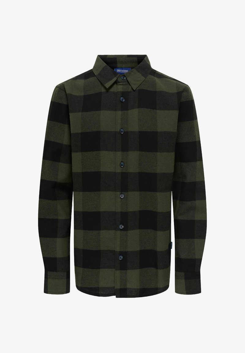 Cămașă cu carouri verzi și negre, cu mâneci lungi, cu deschidere cu nasturi, guler clasic și o textură moale. Prezintă nasturi închisi la culoare și o margine curbată.