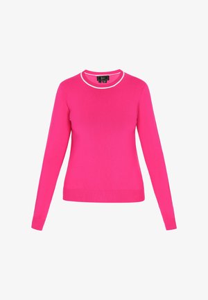 Dopasowany sweter z długim rękawem w jaskrawym różowym kolorze, z kontrastowym białym żebrowanym dekoltem i gładką teksturą dzianiny.
