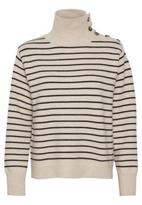 Suéter a rayas en crema y negro, con cuello alto, puños acanalados y detalles de botones en el hombro. Tejido suave y texturizado.
