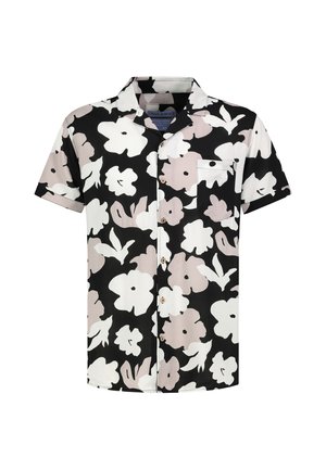 Kurzärmeliges Hemd zum Knöpfen mit schwarzem, weißem und beigem abstraktem Blumenmuster und einer Brusttasche auf der linken Seite.