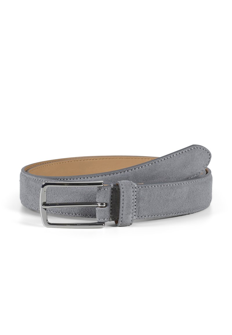 Gray suede belt with a smooth texture, silver metal buckle, and minimal stitching details. Flat design with tapered ends.
