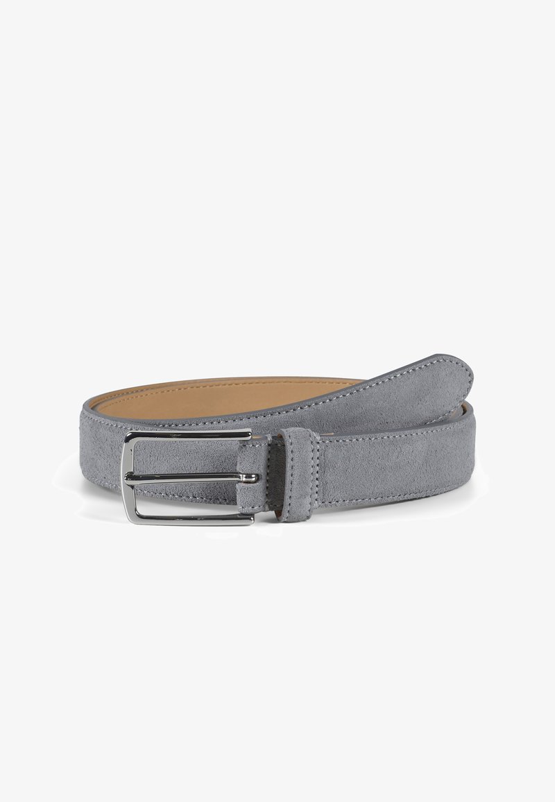 Gray suede belt with a smooth texture, silver metal buckle, and minimal stitching details. Flat design with tapered ends.
