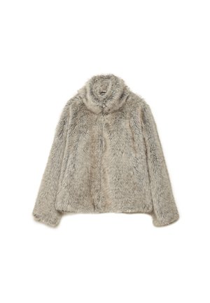 Faux-Fur-Jacke in Hellgrau mit hohem Kragen. Sie zeichnet sich durch eine weiche, strukturierte Oberfläche und eine lockere Passform aus, die sich gut zum Schichten eignet.
