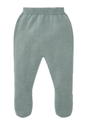 Pantalon bébé en maille douce gris clair avec pieds et ceinture élastique, conçu pour la chaleur et le confort.