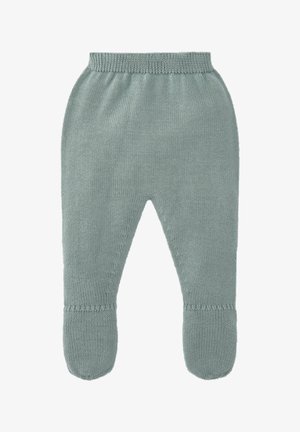 Pantalon bébé en maille douce gris clair avec pieds et ceinture élastique, conçu pour la chaleur et le confort.