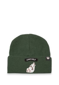 Green ribbed knit beanie with a black patch reading "LONE WOLF" and an embroidered wolf graphic on the front.