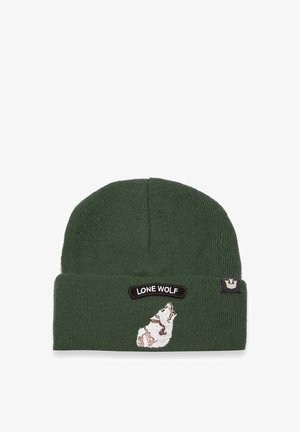 Green ribbed knit beanie with a black patch reading "LONE WOLF" and an embroidered wolf graphic on the front.