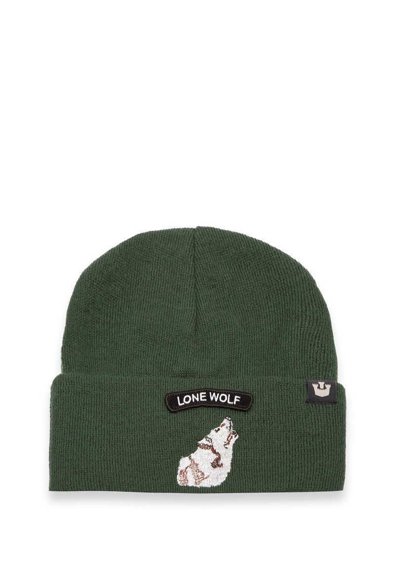 Green ribbed knit beanie with a black patch reading "LONE WOLF" and an embroidered wolf graphic on the front.