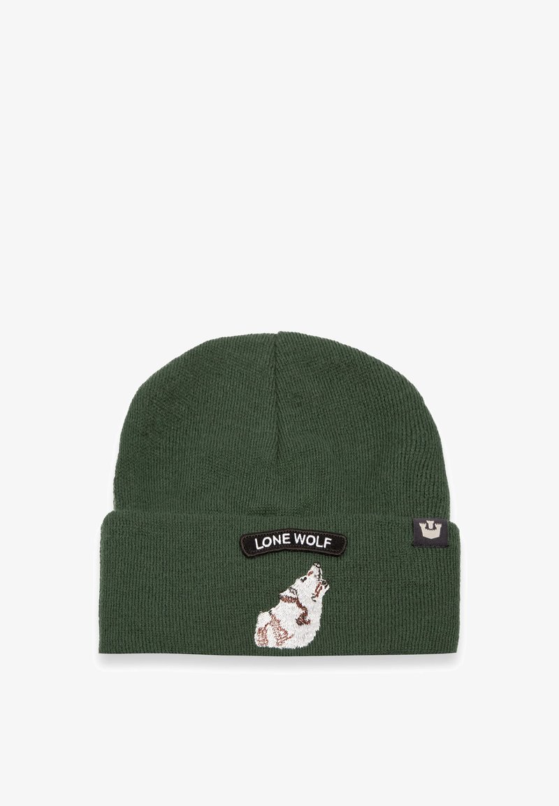 Green ribbed knit beanie with a black patch reading "LONE WOLF" and an embroidered wolf graphic on the front.