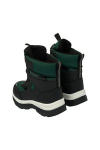 Black and green waterproof winter boots with a textured exterior, cushioned collar, and a thick, treaded sole for traction.