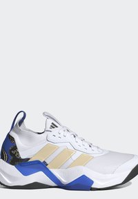 Sneaker sportiva bianca e beige con accenti blu, suola nera e motivo a farfalla sul tallone, con tomaia lavorata a maglia e chiusura con lacci.