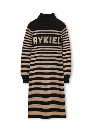 Robe en tricot à rayures noires et beiges, à manches longues, avec un col haut et le texte "RYKIEL" sur la poitrine.