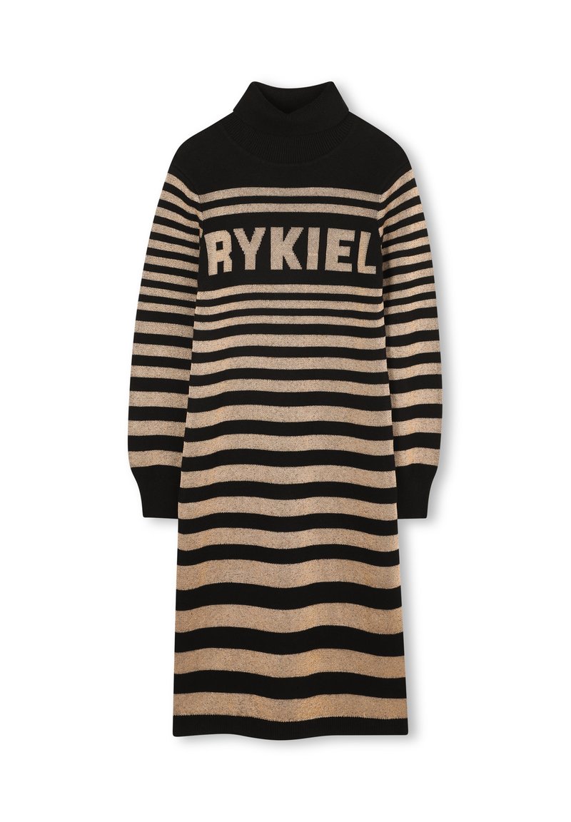 Abito lavorato a maglia a maniche lunghe con righe nere e beige, colletto alto e testo "RYKIEL" sul petto.