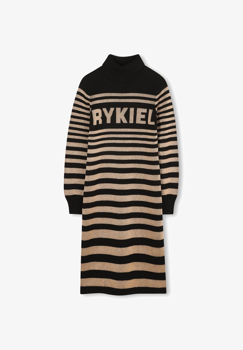 Abito lavorato a maglia a maniche lunghe con righe nere e beige, colletto alto e testo "RYKIEL" sul petto.