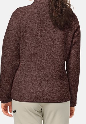 Chaqueta de forro polar burdeos con superficie texturizada, cuello alto y mangas largas, con dobladillo y puños sólidos.