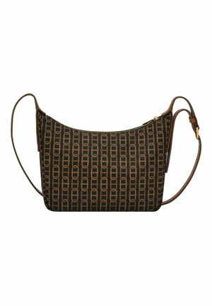 Sac à main marron à motifs avec une texture lisse, présentant une forme courbée et une fermeture à glissière. Bandoulière réglable pour un transport facile.