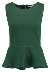 Tmavě zelený peplum top vyrobený z texturované látky. Má kulatý v�ýstřih a zip na zadní straně. Peplum lem se rozšiřuje ven.