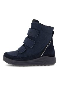 Stivali a metà altezza blu navy realizzati in pelle e camoscio, dotati di tre cinturini in Velcro e una finitura texturizzata, con una suola in gomma nera.