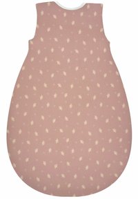 Rosa Schlafsack mit weicher Stofftextur. Enthält ein leichtes Blättermuster und eine abgerundete Form, die für Komfort und Wärme entwickelt wurde.