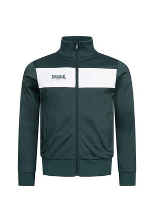 Grüne Zip-Jacke aus glattem Material, mit weißen horizontalen Streifen auf der oberen Vorderseite, Rippbündchen und einem Logo auf der Vorderseite.