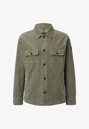 Olive zielona kurtka z korduroy z zapięciem na guziki, dwiema kieszeniami na piersiach i klasycznym kołnierzem. Teksturowana tkanina i czarne guziki.