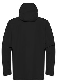 Zwarte hoodie met lange mouwen, met een gladde, matte textuur en een rechte snit; geen zichtbare logo's of extra details.