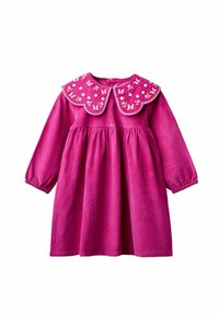 Rosa Cordkleid mit langen Ärmeln, gerafftem Taillenteil und einem großen bestickten Kragen, der mit Blumen- und Schmetterlingsmustern verziert ist.