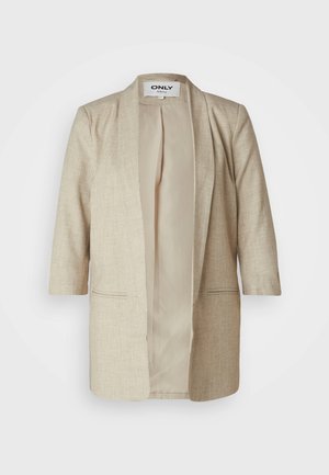 Beige åpen blazer laget av teksturert stoff, med to frontlommer, avslappet passform og ensfarget innersøm. Ingen knapper eller lukking.