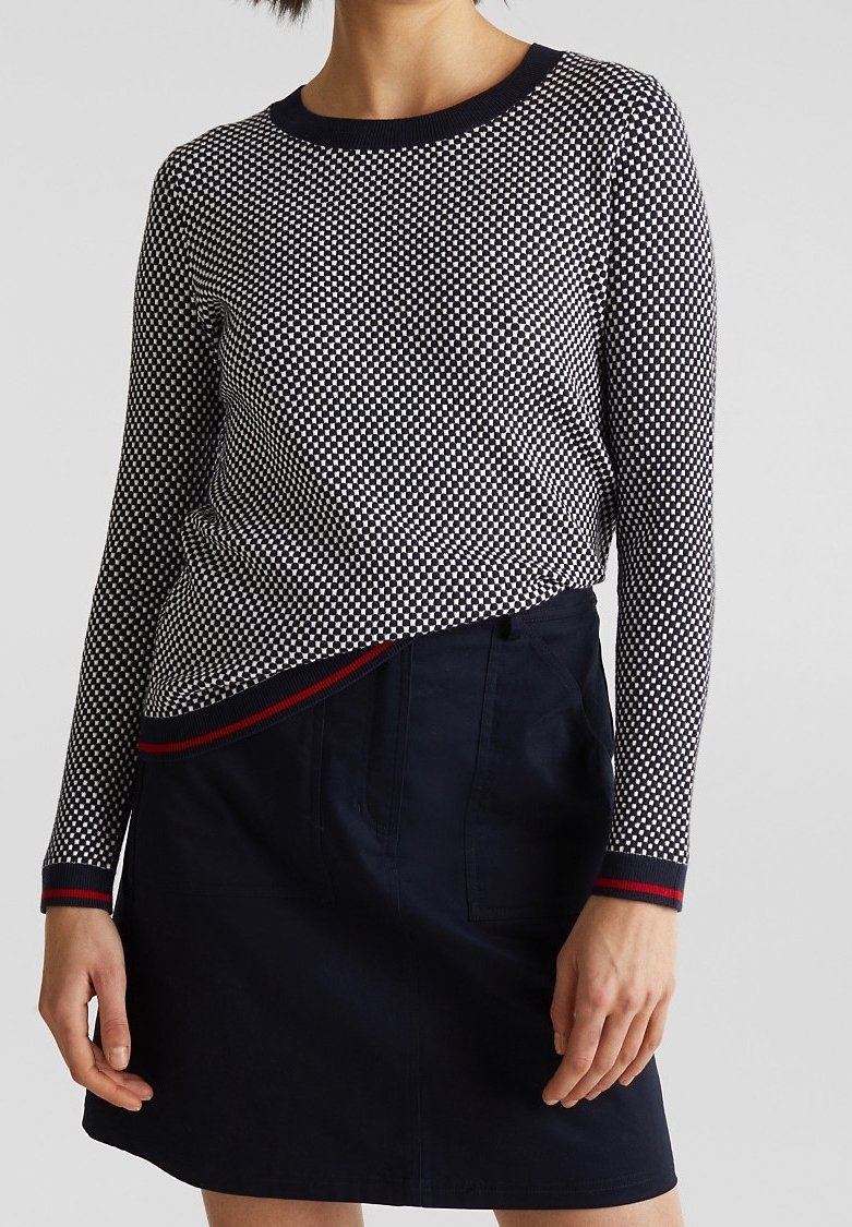 Granatowa i biała koszula w kratę z długim rękawem oraz okrągłym dekoltem, z czerwono-białymi paskami, w połączeniu z ciemnogranatową spódnicą.