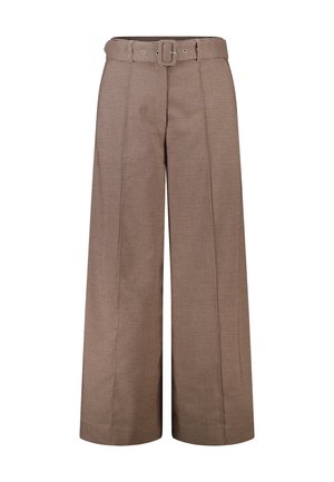 Pantalon à jambes larges en tissu marron à carreaux, taille haute avec ceinture assortie en tissu et boucle rectangulaire.