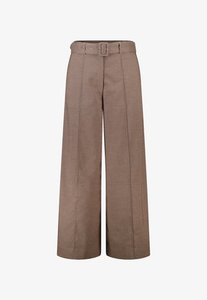 Bruine geruite broek met wijde pijpen, hoge taille en bijpassende stoffen ceintuur met rechthoekige gesp.