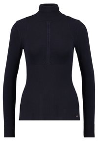 Granatowy sweter z golfem i długimi rękawami, z prążkowanym wykończeniem oraz częściowym zapięciem z przodu. Miękka, dopasowana konstrukcja.
