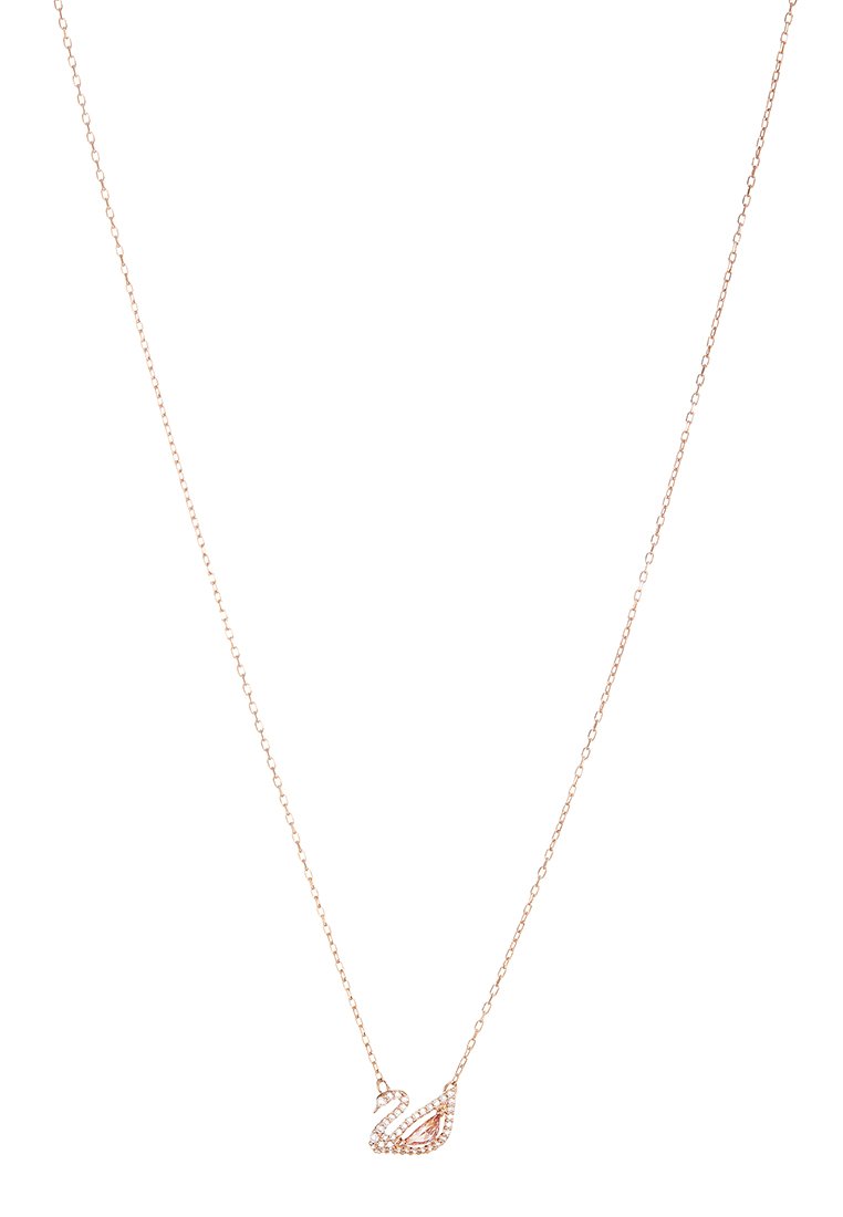 Collier en or rose avec un pendentif cygne, orné de cristaux transparents. La chaîne présente un design de maillons délicat.