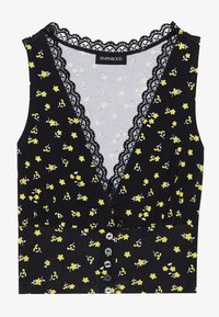 Svart topp med gult blomster mønster, blondekant rundt halsen, knappelukking foran, og en tettsittende design. Mykt stoff med lett stretch.