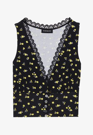 Black top with yellow floral pattern, lace trim on neckline, button front closure, and a fitted design. Soft fabric with slight stretch.