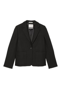Blazer noir au design structuré, avec des revers crantés, fermeture à bouton et deux poches avant. Texture lisse, intérieur non doublé.
