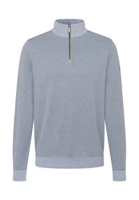 Hellblauer Pullover mit hohem Kragen und halbem Reißverschluss. Aus strukturiertem Strickstoff und mit gerippten Bündchen und Saum.