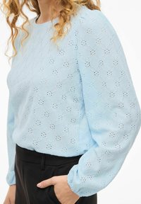 Lyseblå bluse laget av teksturert stoff med hullete blomsterdesign, med lange ermer og elastiske mansjetter, kombinert med svarte bukser.