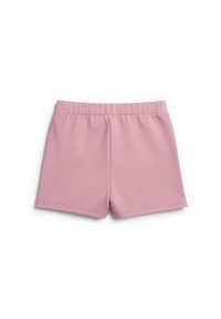 Różowe, elastyczne szorty wykonane z gładkiego materiału. Cechują się prostym wzornictwem z wyraźnymi liniami i bez widocznych wzorów czy elementów metalowych.