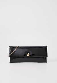 Musthave hinta musta lakattu nahkalaukku kultaketjulla, yksinkertaisella läppämallisella suunnittelulla ja kohokuvioidulla logolla etupuolella. Sujuva ja kiiltävä pinta.